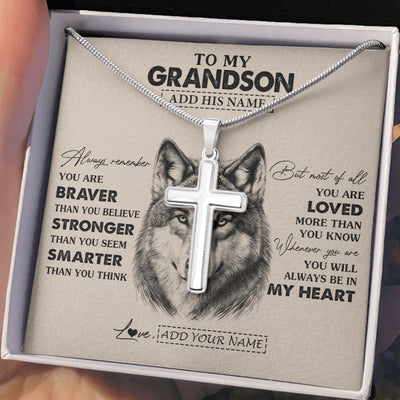 Stainless Cross Necklace Stainless Steel | 2 | Personalized To My Grandson Necklace From Grandma Nana Wolf Braver Stronger Smarter Grandson Birthday Graduation Christmas Customized Gift Box Message Card | siriusteestore.myshopify