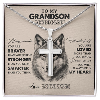 Stainless Cross Necklace Stainless Steel | 1 | Personalized To My Grandson Necklace From Grandma Nana Wolf Braver Stronger Smarter Grandson Birthday Graduation Christmas Customized Gift Box Message Card | siriusteestore.myshopify