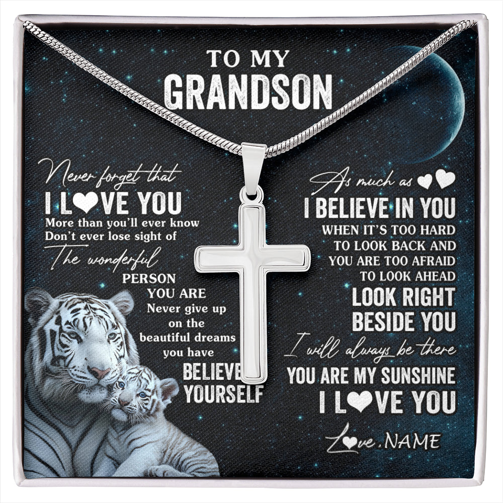 Stainless Cross Necklace Stainless Steel | 1 | Personalized To My Grandson Necklace From Grandma Never Forget I Love You White Tiger Grandson Birthday Graduation Christmas Customized Gift Box Message Card | siriusteestore