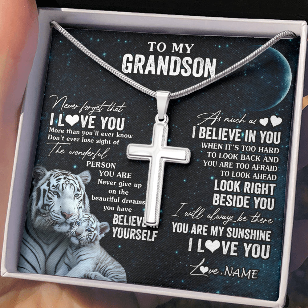 Stainless Cross Necklace Stainless Steel | 2 | Personalized To My Grandson Necklace From Grandma Never Forget I Love You White Tiger Grandson Birthday Graduation Christmas Customized Gift Box Message Card | siriusteestore