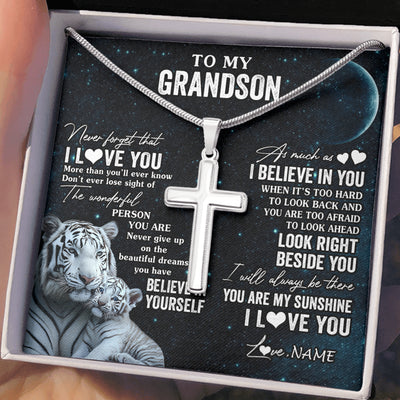 Stainless Cross Necklace Stainless Steel | 2 | Personalized To My Grandson Necklace From Grandma Never Forget I Love You White Tiger Grandson Birthday Graduation Christmas Customized Gift Box Message Card | siriusteestore