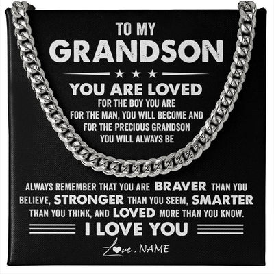 Cuban Link Chain Necklace Stainless Steel | 1 | Personalized To My Grandson Necklace From Grandma Papa Cuban Chain You Are Loved Grandson Birthday Graduation Christmas Customized Gift Box Message Card | siriusteestore