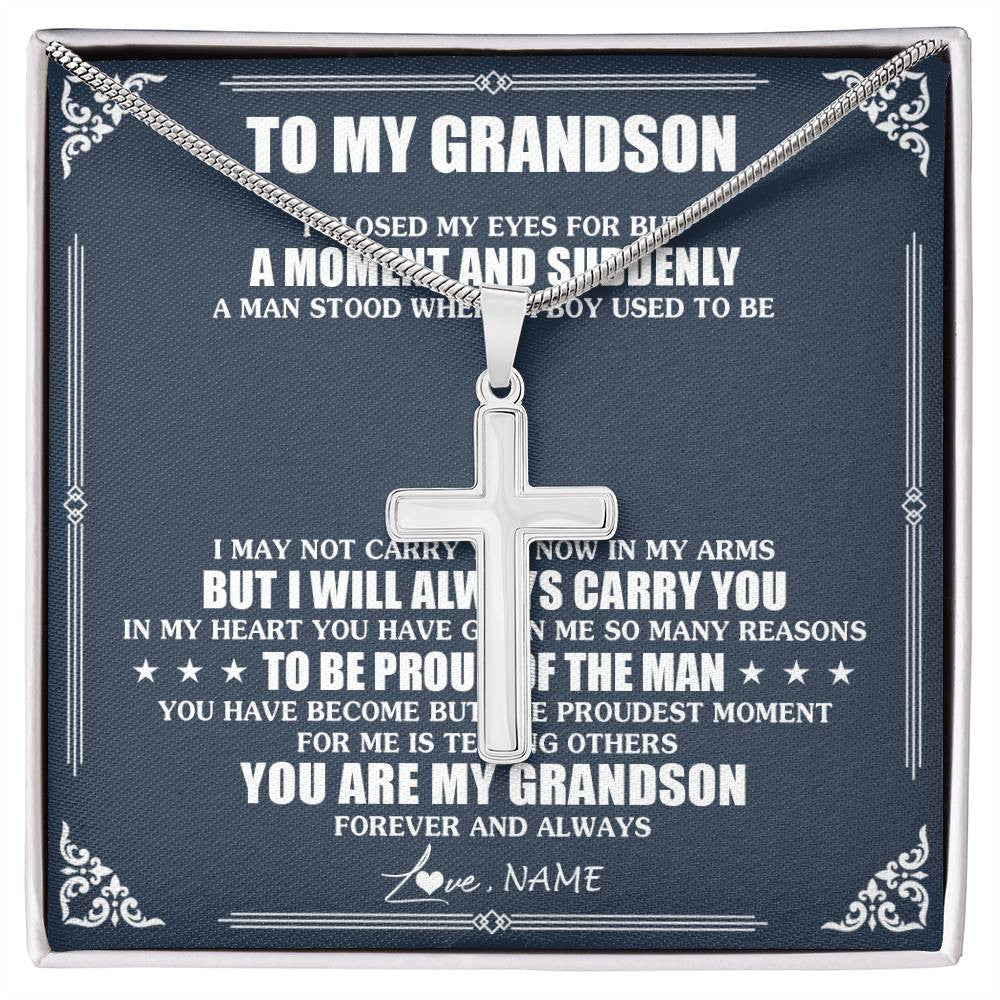 Stainless Cross Necklace Stainless Steel | 1 | Personalized To My Grandson Necklace From Grandma Papa I Close My Eyes Gifts For Grandson Birthday Graduation Christmas Customized Gift Box Message Card | siriusteestore