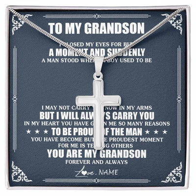 Stainless Cross Necklace Stainless Steel | 1 | Personalized To My Grandson Necklace From Grandma Papa I Close My Eyes Gifts For Grandson Birthday Graduation Christmas Customized Gift Box Message Card | siriusteestore