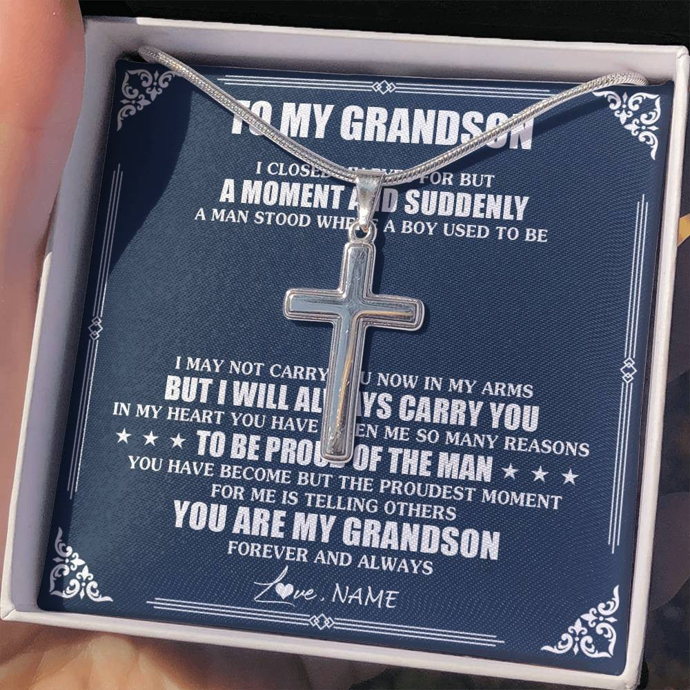 Stainless Cross Necklace Stainless Steel | 2 | Personalized To My Grandson Necklace From Grandma Papa I Close My Eyes Gifts For Grandson Birthday Graduation Christmas Customized Gift Box Message Card | siriusteestore