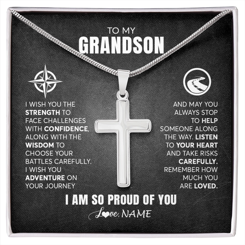 Stainless Cross Necklace Stainless Steel | 1 | Personalized To My Grandson Necklace From Grandma Papa I Wish You The Strength Grandson Birthday Graduation Inspirational Customized Gift Box Message Card | siriusteestore.myshopify