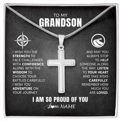 Stainless Cross Necklace Stainless Steel | 1 | Personalized To My Grandson Necklace From Grandma Papa I Wish You The Strength Grandson Birthday Graduation Inspirational Customized Gift Box Message Card | siriusteestore.myshopify