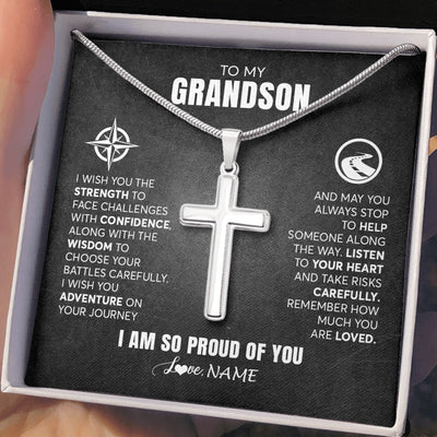 Stainless Cross Necklace Stainless Steel | 2 | Personalized To My Grandson Necklace From Grandma Papa I Wish You The Strength Grandson Birthday Graduation Inspirational Customized Gift Box Message Card | siriusteestore.myshopify