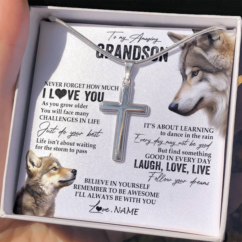 Stainless Cross Necklace Stainless Steel | 2 | Personalized To My Grandson Necklace From Grandma Papa Just Do You Best Laugh Love Live Wolf Grandson Birthday Christmas Customized Gift Box Message Card | siriusteestore