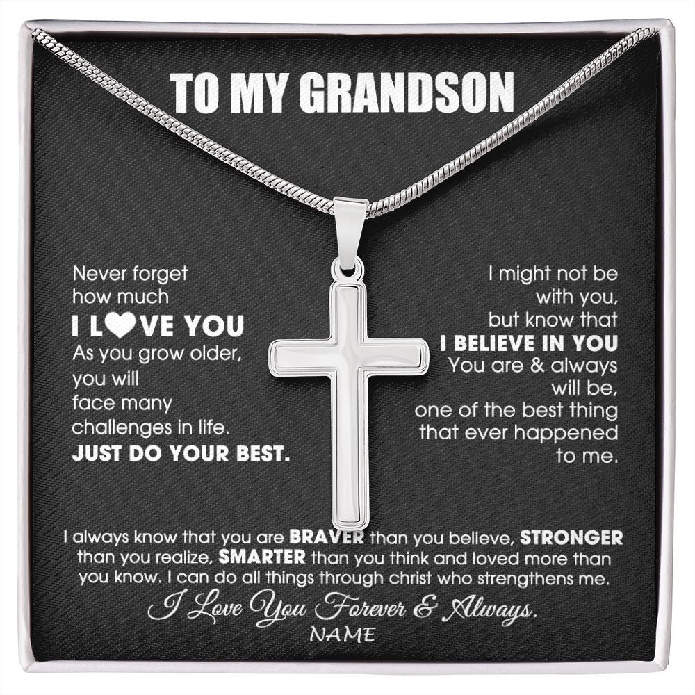 Stainless Cross Necklace | Personalized To My Grandson Necklace From Grandma Papa Smarter Than You Think Grandson Birthday Christmas Customized Gift Box Message Card | siriusteestore