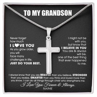 Stainless Cross Necklace | Personalized To My Grandson Necklace From Grandma Papa Smarter Than You Think Grandson Birthday Christmas Customized Gift Box Message Card | siriusteestore