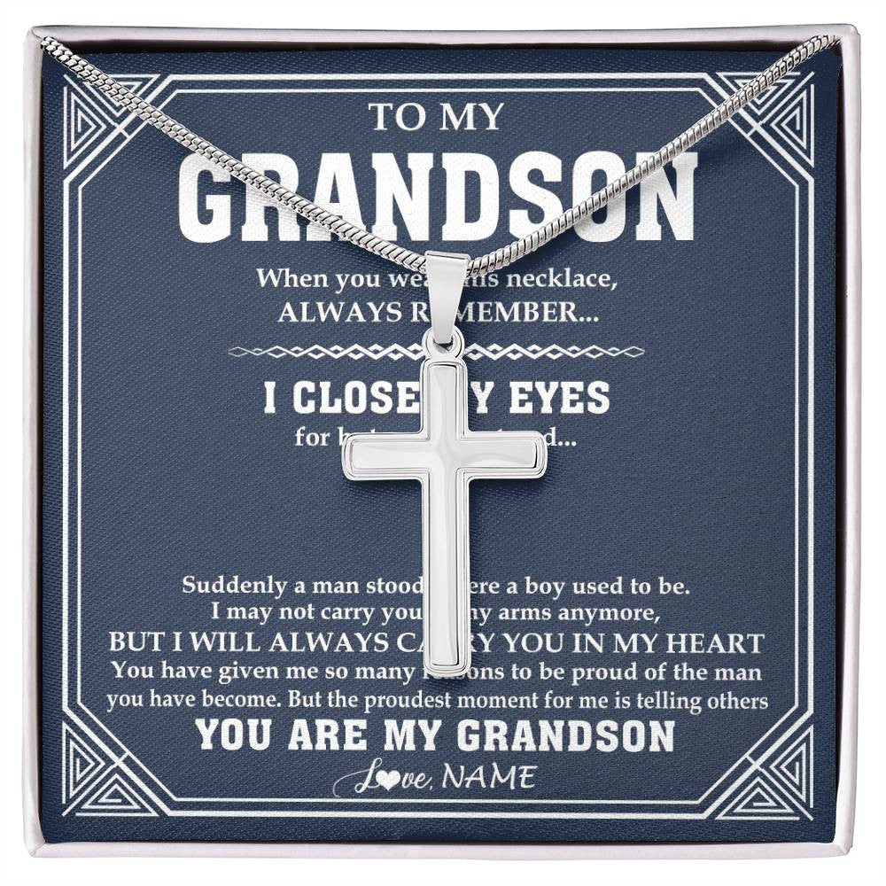 Stainless Cross Necklace Stainless Steel | 1 | Personalized To My Grandson Necklace From Grandma Papa Suddenly A Man Jewelry Grandson Birthday Gifts Graduation Christmas Customized Gift Box Message Card | siriusteestore