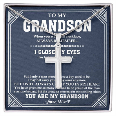 Stainless Cross Necklace Stainless Steel | 1 | Personalized To My Grandson Necklace From Grandma Papa Suddenly A Man Jewelry Grandson Birthday Gifts Graduation Christmas Customized Gift Box Message Card | siriusteestore