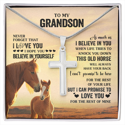 Stainless Cross Necklace Stainless Steel | 1 | Personalized To My Grandson Necklace From Grandma Papa This Old Horse Love You Grandson Birthday Gifts Graduation Christmas Customized Gift Box Message Card | siriusteestore