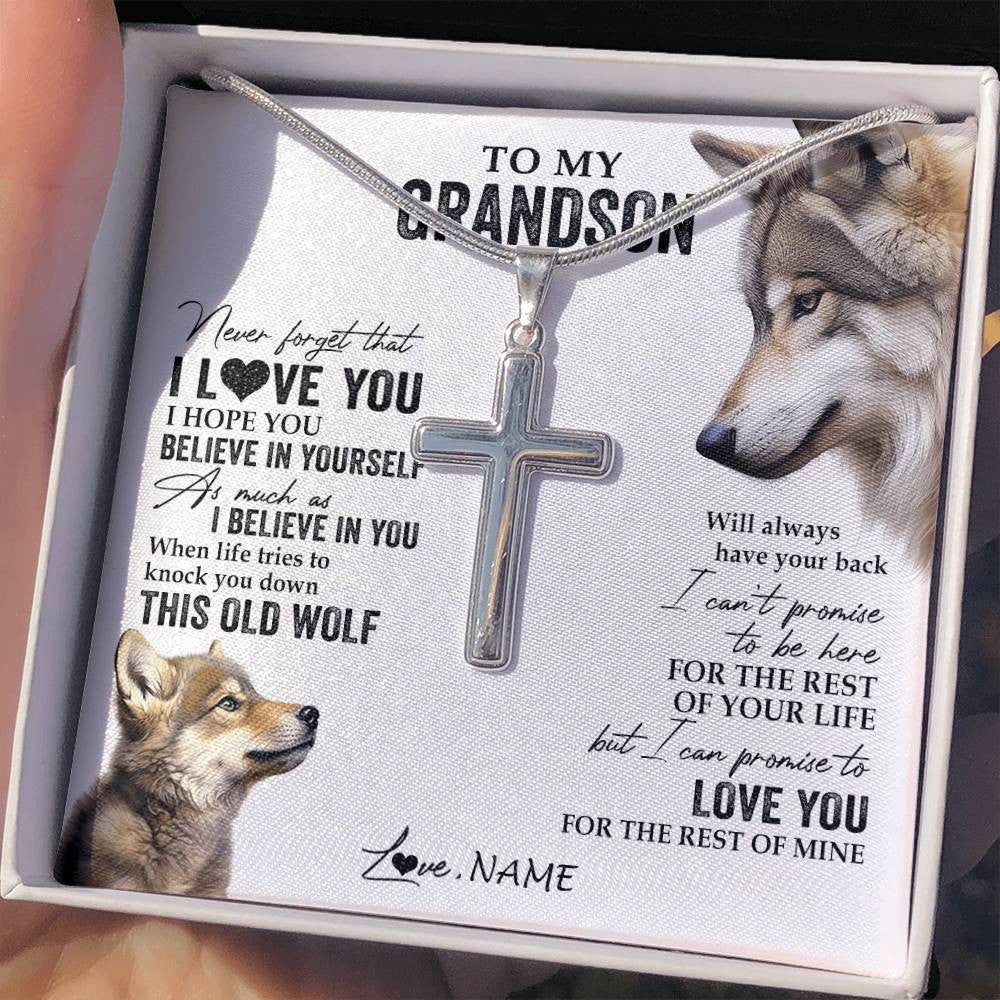 Stainless Cross Necklace Stainless Steel | 2 | Personalized To My Grandson Necklace From Grandma Papa This Old Wolf Love You Grandson Birthday Graduation Christmas Customized Gift Box Message Card | siriusteestore