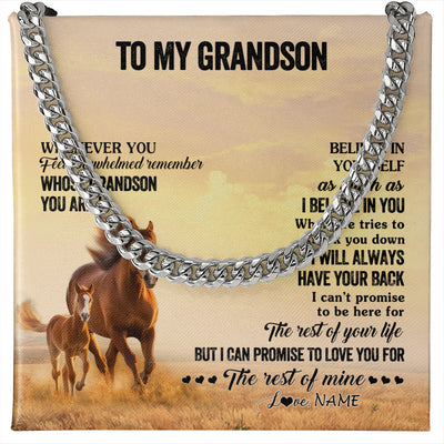Cuban Link Chain Necklace Stainless Steel | 1 | Personalized To My Grandson Necklace From Grandma Papa Whenever You Feel Horse Grandson Birthday Gifts Graduation Christmas Customized Gift Box Message Card | siriusteestore