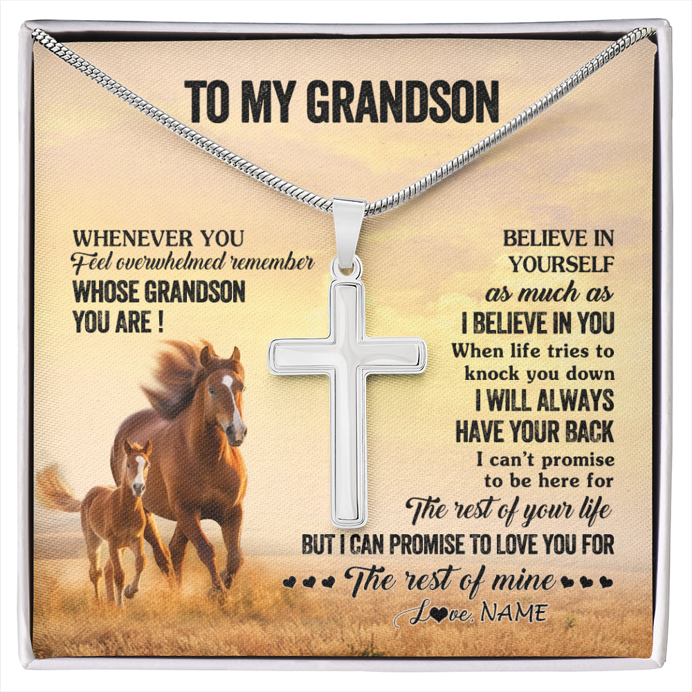 Stainless Cross Necklace Stainless Steel | 1 | Personalized To My Grandson Necklace From Grandma Papa Whenever You Feel Horse Grandson Birthday Gifts Graduation Christmas Customized Gift Box Message Card | siriusteestore