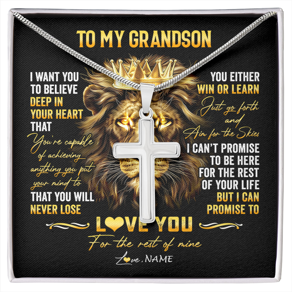 Stainless Cross Necklace Stainless Steel | 1 | Personalized To My Grandson Necklace From Grandma Papa You Will Never Lose Lion Grandson Birthday Graduation Christmas Customized Gift Box Message Card | siriusteestore