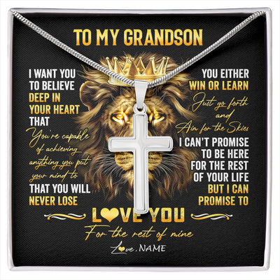 Stainless Cross Necklace Stainless Steel | 1 | Personalized To My Grandson Necklace From Grandma Papa You Will Never Lose Lion Grandson Birthday Graduation Christmas Customized Gift Box Message Card | siriusteestore