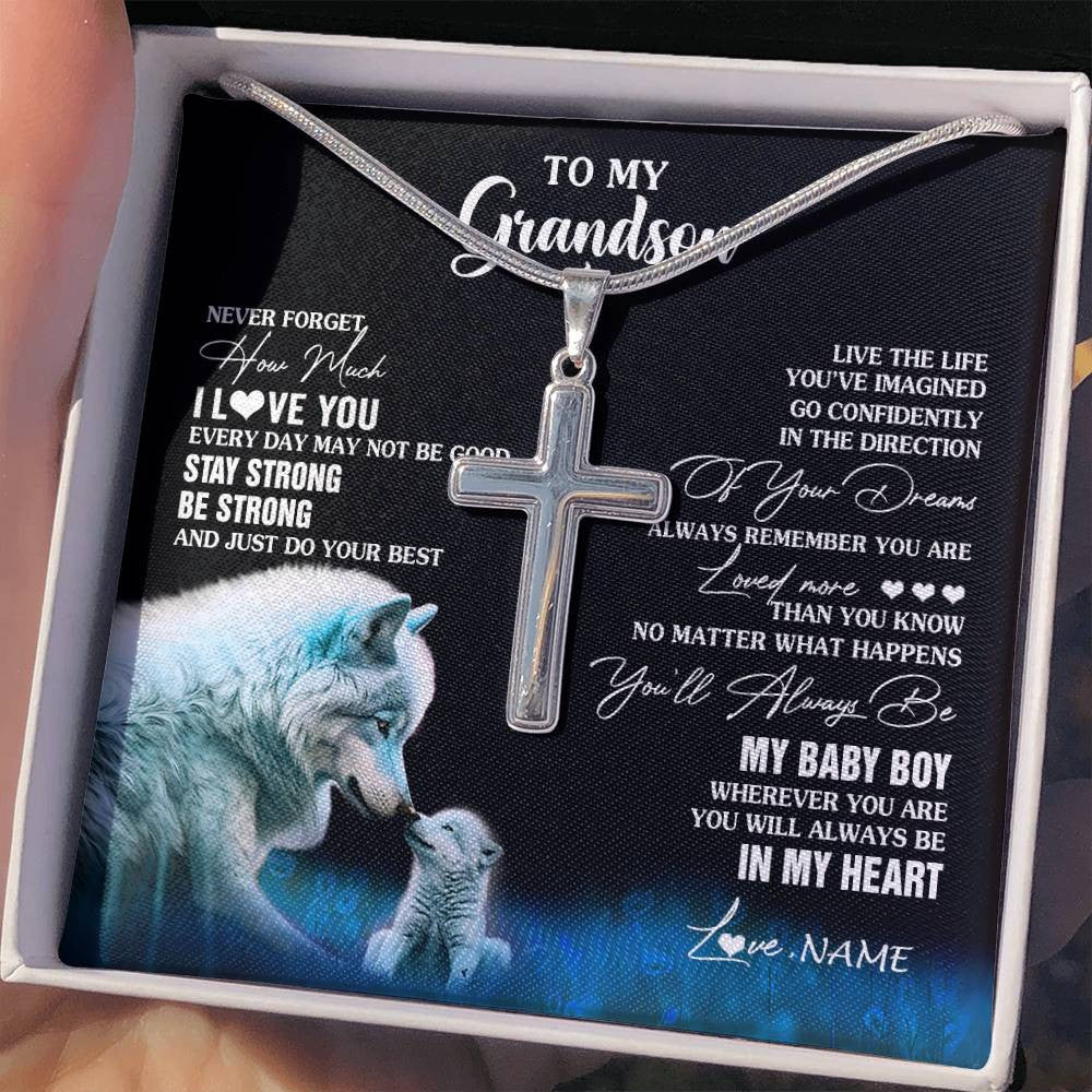 Stainless Cross Necklace Stainless Steel | 2 | Personalized To My Grandson Necklace From Grandma Wolf Never Forget How Much I Love You Grandson Birthday Gifts Christmas Customized Gift Box Message Card | siriusteestore