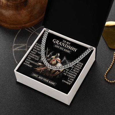 Cuban Link Chain Necklace Stainless Steel | 2 | Personalized To My Grandson Necklace From Grandpa Grandma For Men Warrior Knight Templar I Am The Storm Birthday Christmas Grandson Gift Box Message Card | https://siriusteestore.