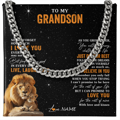 Cuban Link Chain Necklace Stainless Steel | 1 | Personalized To My Grandson Necklace From Grandpa Live Laugh Love Lion Grandson Birthday Gifts Positive Graduation Christmas Customized Gift Box Message Card | siriusteestore