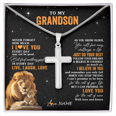 Stainless Cross Necklace Stainless Steel | 1 | Personalized To My Grandson Necklace From Grandpa Live Laugh Love Lion Grandson Birthday Gifts Positive Graduation Christmas Customized Gift Box Message Card | siriusteestore