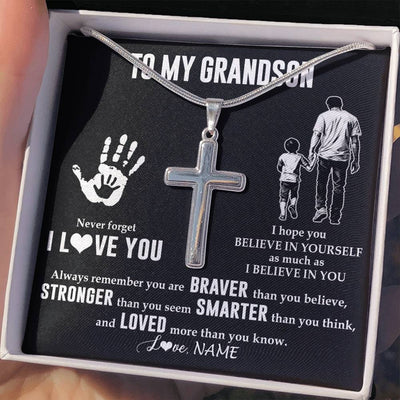 Stainless Cross Necklace Stainless Steel | 2 | Personalized To My Grandson Necklace From Grandpa Never Forget I Love You Grandson Birthday Gifts Christmas Graduation Customized Gift Box Message Card | siriusteestore