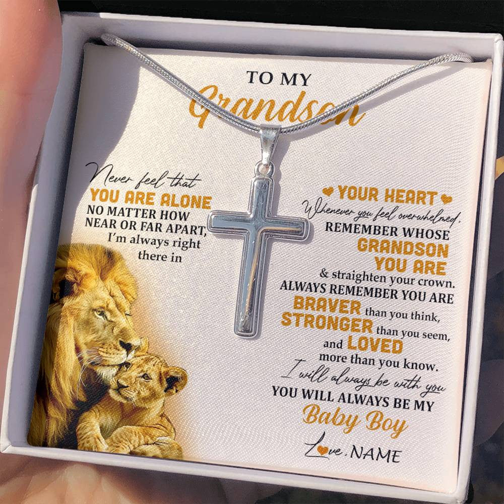 Stainless Cross Necklace Stainless Steel | 2 | Personalized To My Grandson Necklace From Grandpa Papa Lion Never Feel That You Are Alone Great Grandson Birthday Christmas Customized Gift Box Message Card | siriusteestore