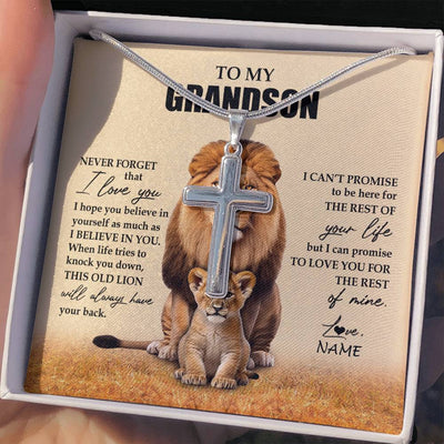 Stainless Cross Necklace Stainless Steel | 2 | Personalized To My Grandson Necklace From Grandpa Papa Lion Never Forget That I Love You Grandson Jewelry Birthday Christmas Customized Message Card | siriusteestore