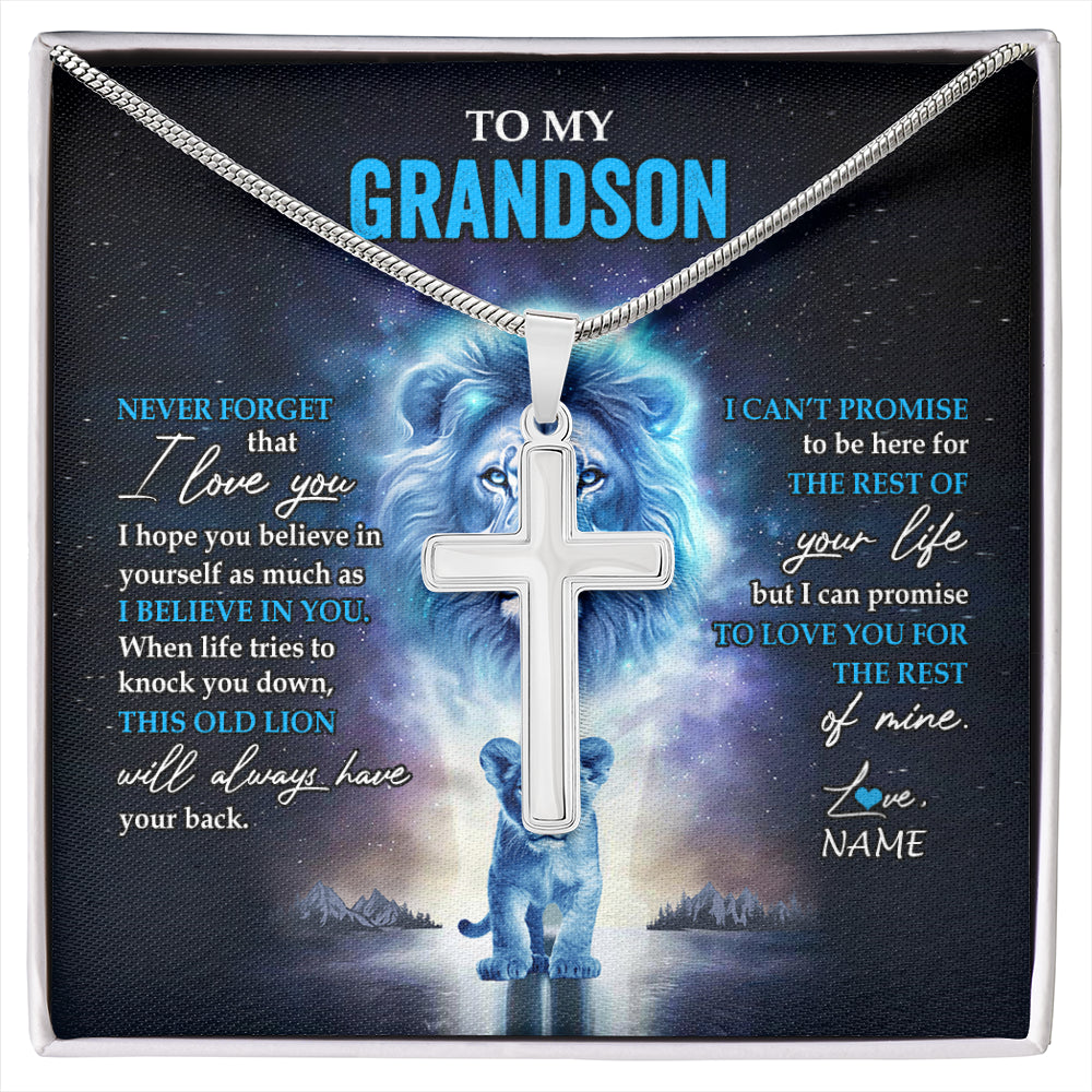Stainless Cross Necklace Stainless Steel | 1 | Personalized To My Grandson Necklace From Grandpa Papa Never Forget I Love You Lion Grandson Jewelry Birthday Christmas Customized Message Card | siriusteestore
