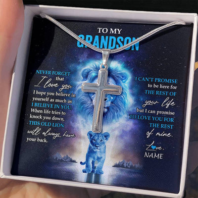 Stainless Cross Necklace Stainless Steel | 2 | Personalized To My Grandson Necklace From Grandpa Papa Never Forget I Love You Lion Grandson Jewelry Birthday Christmas Customized Message Card | siriusteestore