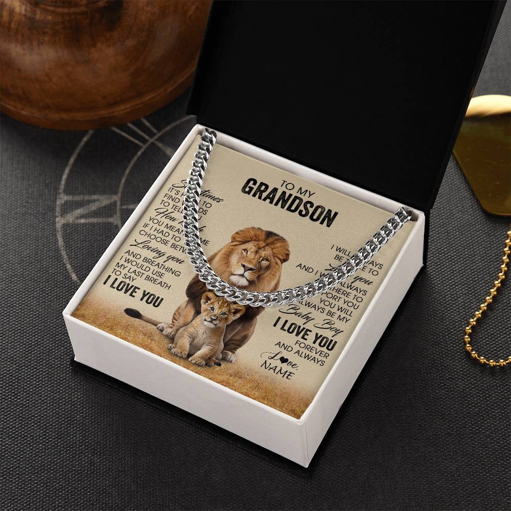Cuban Link Chain Necklace Stainless Steel | 2 | Personalized To My Grandson Necklace From Grandpa Papa Sometimes It's Hard Lion Grandson Gift Birthday Jewelry Christmas Customized Gift Box Message Card | siriusteestore