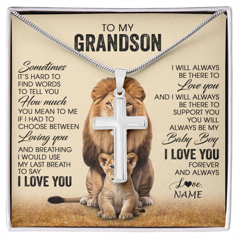 Stainless Cross Necklace Stainless Steel | 1 | Personalized To My Grandson Necklace From Grandpa Papa Sometimes It's Hard Lion Grandson Gift Birthday Jewelry Christmas Customized Gift Box Message Card | siriusteestore