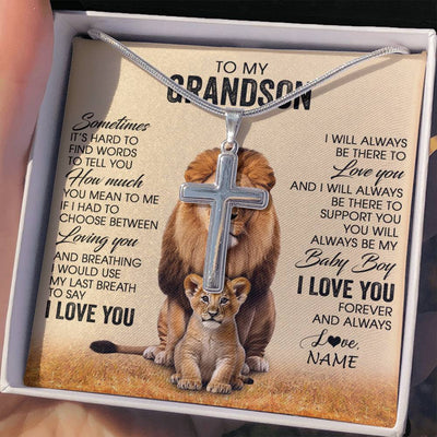 Stainless Cross Necklace Stainless Steel | 2 | Personalized To My Grandson Necklace From Grandpa Papa Sometimes It's Hard Lion Grandson Gift Birthday Jewelry Christmas Customized Gift Box Message Card | siriusteestore