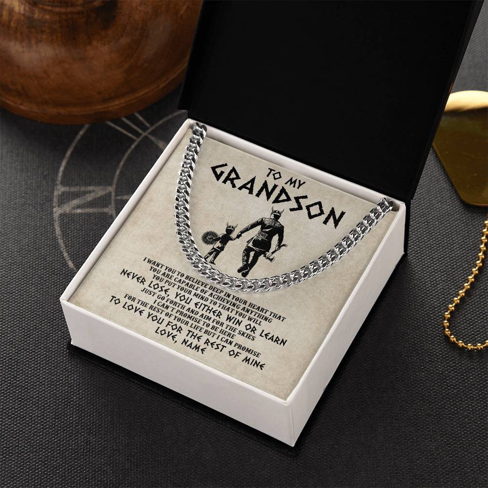 Cuban Link Chain Necklace Stainless Steel | 2 | Personalized To My Grandson Necklace From Grandpa Papa You Will Never Lose Viking Granson Birthday Graduation Christmas Customized Gift Box Message Card | siriusteestore