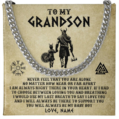 Cuban Link Chain Necklace Stainless Steel | 1 | Personalized To My Grandson Necklace From Grandpa Viking Never Feel That You Are Alone Viking Grandson Birthday Gifts Jewelry Christmas Gift Box Message Card | siriusteestore