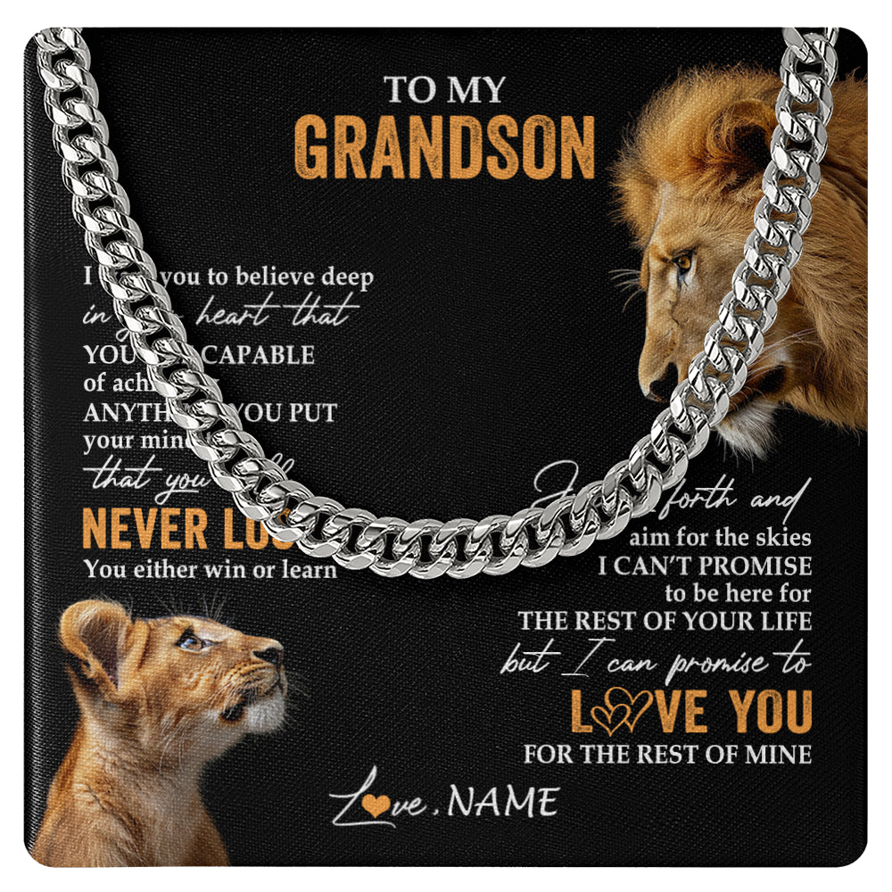 Cuban Link Chain Necklace Stainless Steel | 1 | Personalized To My Grandson Necklace From Papa Grandpa You Will Never Lose Lion Grandson Birthday Gifts Graduation Christmas Customized Gift Box Message Card | siriusteestore