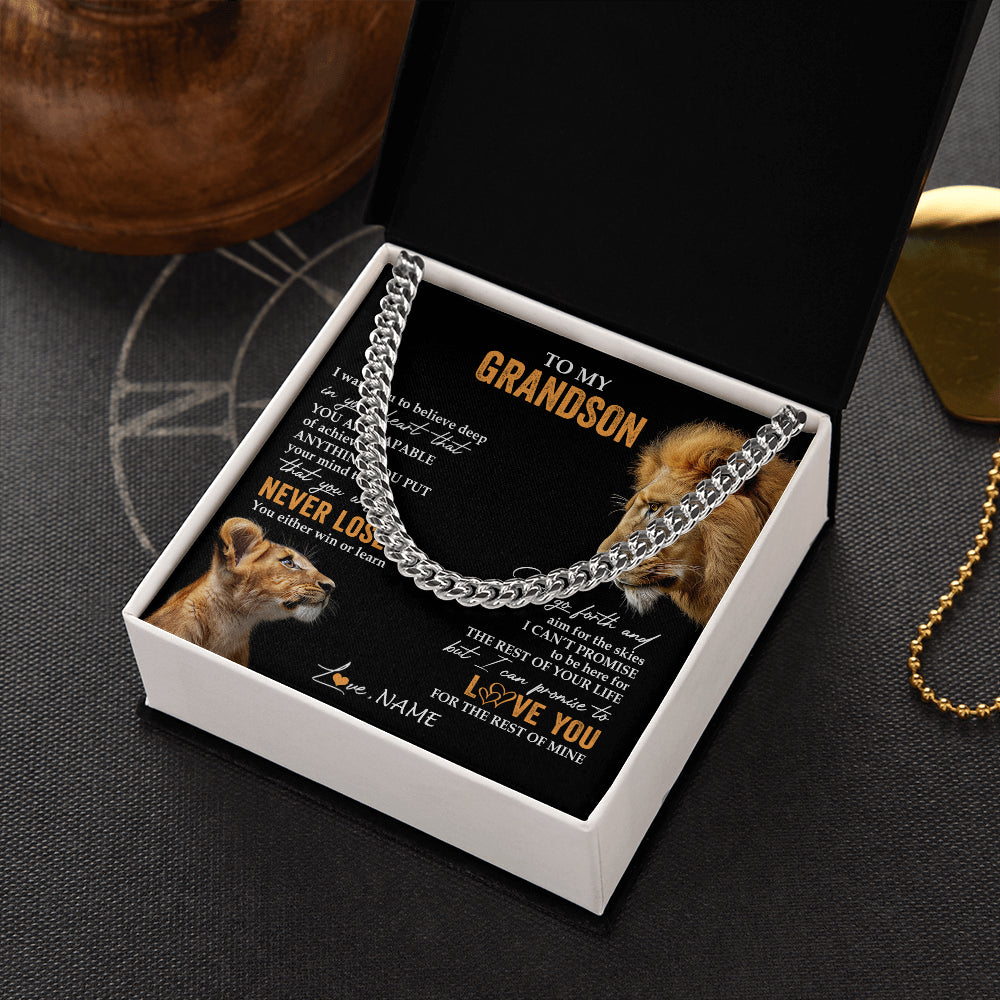 Cuban Link Chain Necklace Stainless Steel | 2 | Personalized To My Grandson Necklace From Papa Grandpa You Will Never Lose Lion Grandson Birthday Gifts Graduation Christmas Customized Gift Box Message Card | siriusteestore