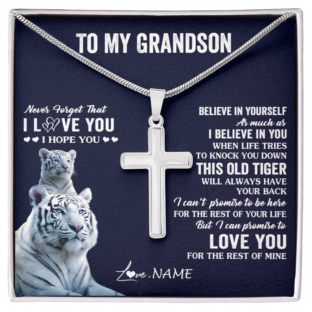 Stainless Cross Necklace Stainless Steel | 1 | Personalized To My Grandson Necklace Gift From Grandma Papa This Old Tiger Love You Grandson Birthday Graduation Christmas Customized Gift Box Message Card | siriusteestore