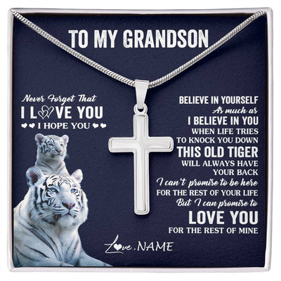 Stainless Cross Necklace Stainless Steel | 1 | Personalized To My Grandson Necklace Gift From Grandma Papa This Old Tiger Love You Grandson Birthday Graduation Christmas Customized Gift Box Message Card | siriusteestore