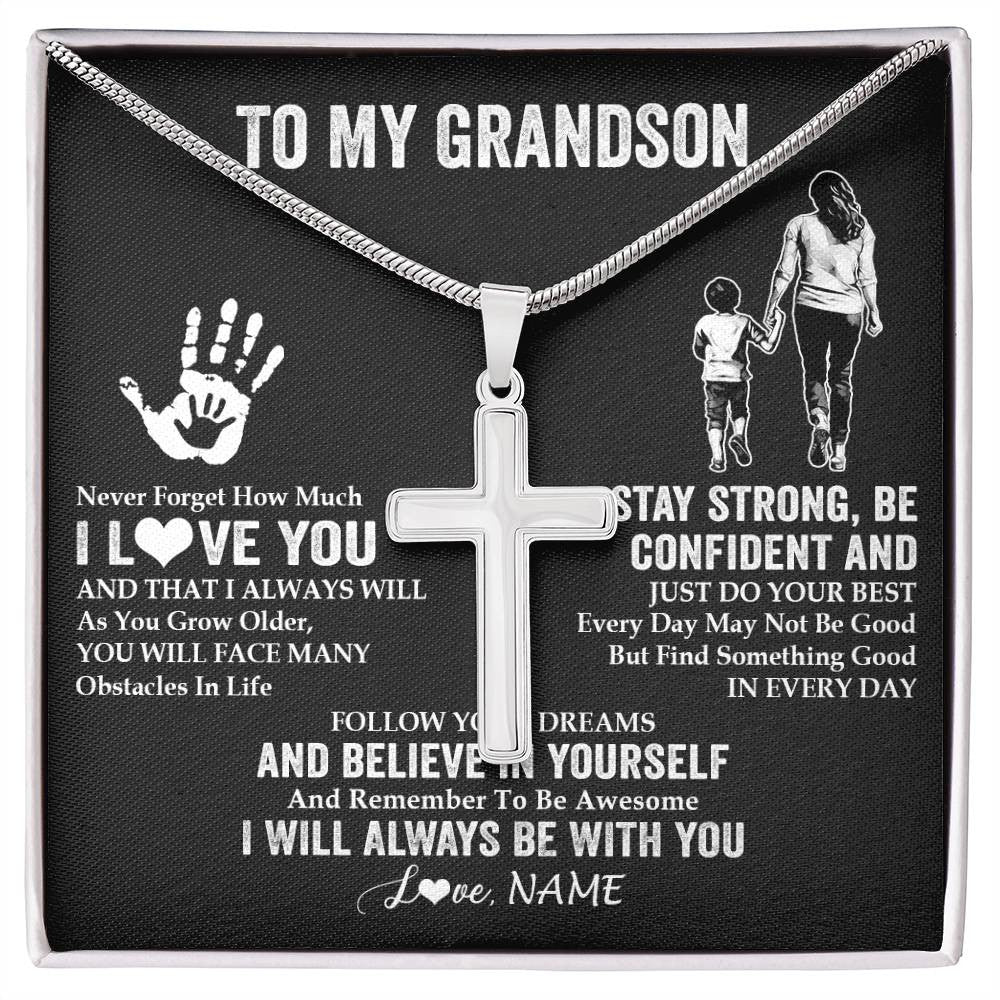 Stainless Cross Necklace Stainless Steel | 1 | Personalized To My Grandson Necklace I Love You Forever From Grandma Grandson Birthday Gifts Christmas Graduation Customized Gift Box Message Card | siriusteestore