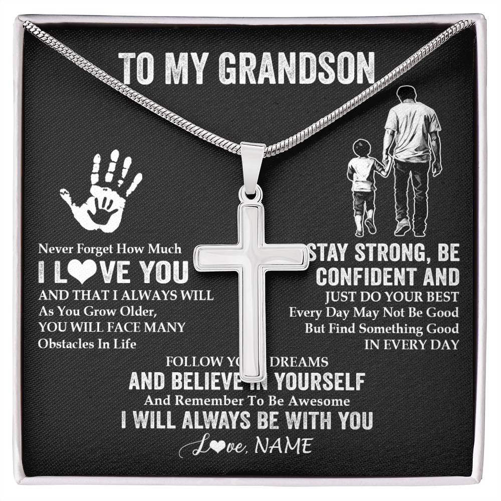 Stainless Cross Necklace Stainless Steel | 1 | Personalized To My Grandson Necklace I Love You Forever From Grandpa Grandson Birthday Gifts Christmas Graduation Customized Gift Box Message Card | siriusteestore