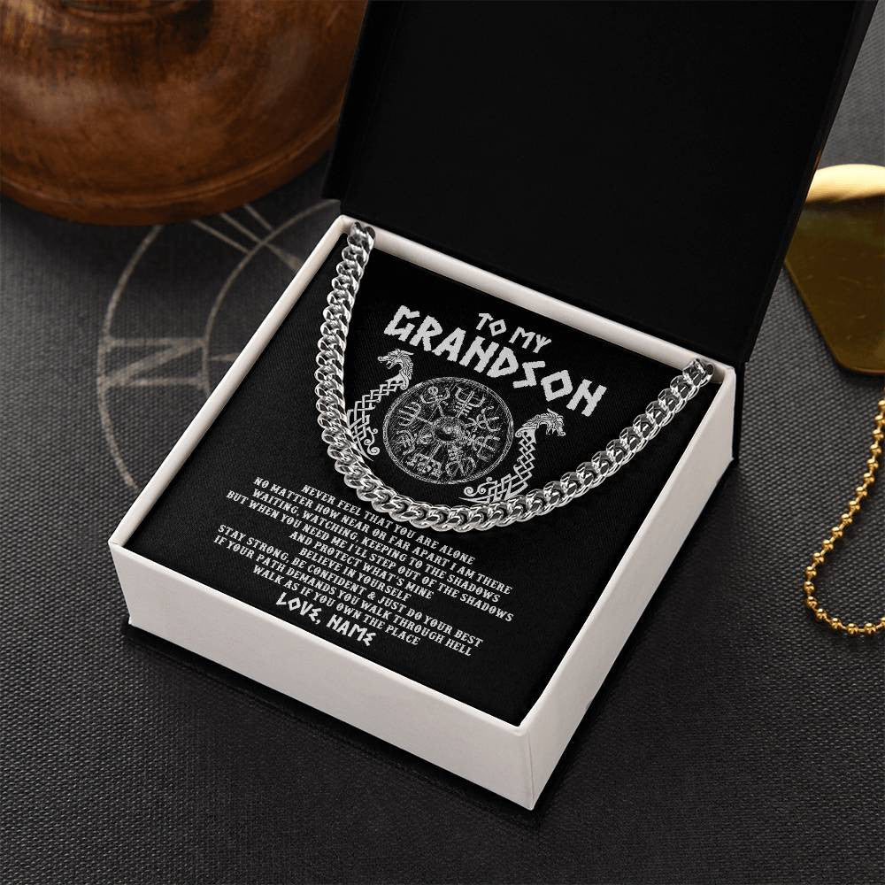 Cuban Link Chain Necklace Stainless Steel | 2 | Personalized To My Grandson Necklace Viking Never Feel You Are Alone Odin Scandinavian Norse Runes Grandson Birthday Christmas Customized Gift Box Message Card | siriusteestore