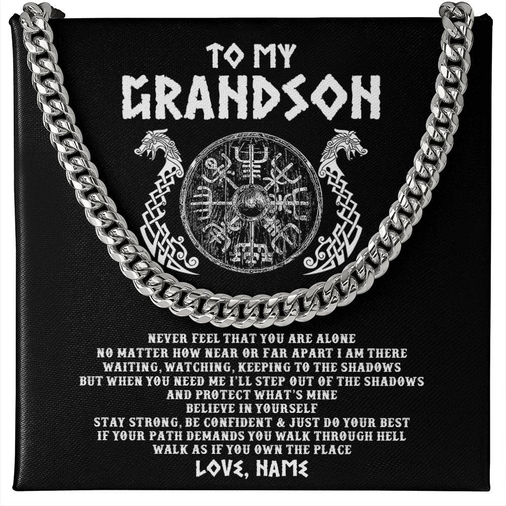 Cuban Link Chain Necklace Stainless Steel | 1 | Personalized To My Grandson Necklace Viking Never Feel You Are Alone Odin Scandinavian Norse Runes Grandson Birthday Christmas Customized Gift Box Message Card | siriusteestore