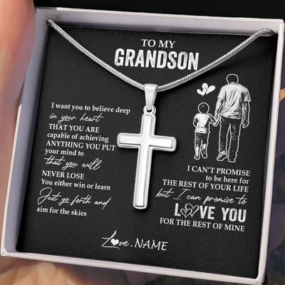 Stainless Cross Necklace Stainless Steel | 2 | Personalized To My Grandson Necklace You Will Never Lose From Papa Grandpa Grandson Birthday Gifts Graduation Christmas Customized Gift Box Message Card | siriusteestore
