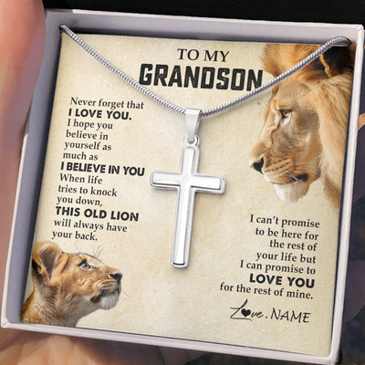 Stainless Cross Necklace Stainless Steel | 2 | Personalized To My Grandson Necklace from Grandpa Papa Never Forget I Love You Lion Grandson Birthday Graduation Christmas Customized Gift Box Message Card | siriusteestore