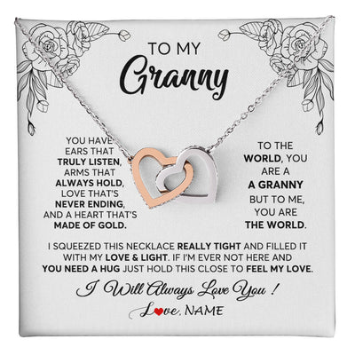 Interlocking Hearts Necklace Stainless Steel & Rose Gold Finish | 1 | Personalized To My Granny Necklace From Grandkids Granddaughter Hold This Close Feel My Love Granny Birthday Mothers Day Customized Gift Box Message Card | siriusteestore