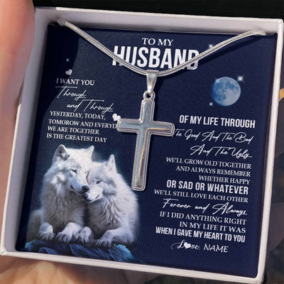 Stainless Cross Necklace Stainless Steel | 2 | Personalized To My Husband Necklace From Wife I Want You Wolf Husband Birthday Anniversary Romantic Valentines Day Christmas Customized Gift Box Message Card | siriusteestore