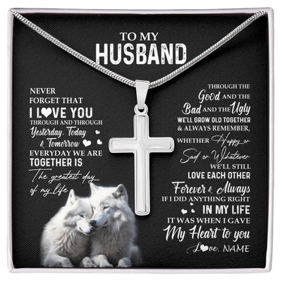 Stainless Cross Necklace Stainless Steel | 1 | Personalized To My Husband Necklace From Wife Wolf Never Forget That I Love You Husband Wedding Anniversary Birthday Christmas Customized Gift Box Message Card | siriusteestore